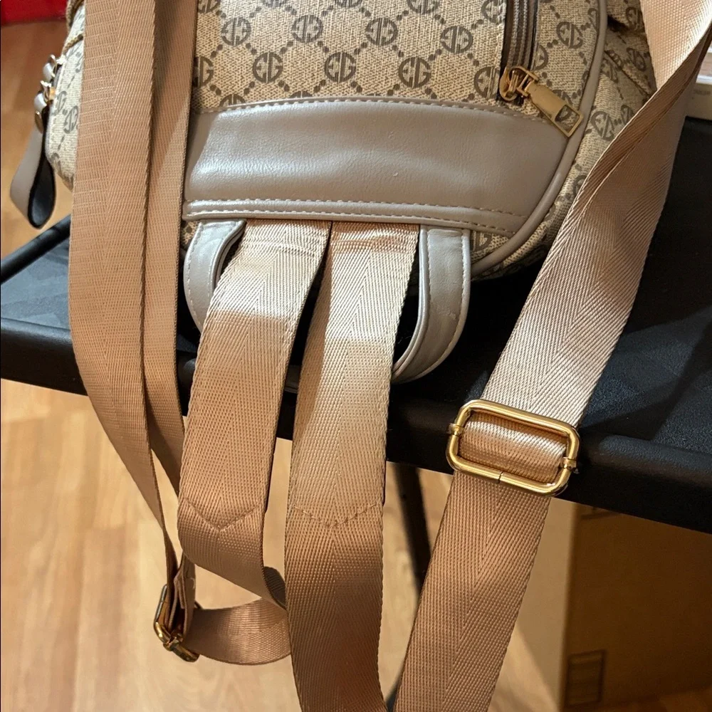 Adrienne Vittadini AV Monogram Mini Backpack Beige Gold Logo Pocket